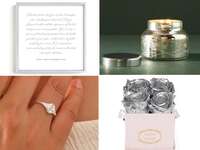 Four silver anniversary gifts: framed vow art, a candle, preserved silver roses, and a ring