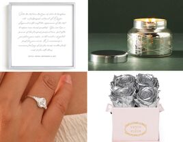 Four silver anniversary gifts: framed vow art, a candle, preserved silver roses, and a ring
