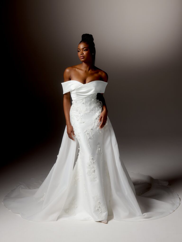Off-the-shoulder Justin Alexander beaded wedding dress with overskirt