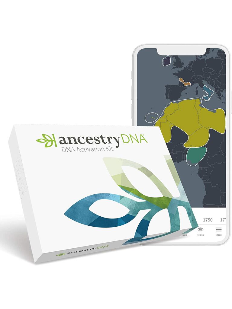 AncestryDNA kit med telefon, der viser kort over resultater