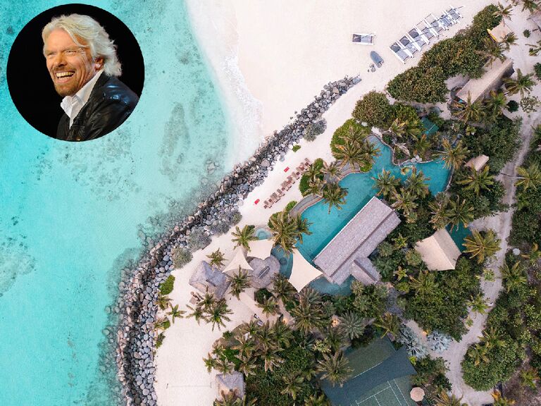 Aerial view of private beach property on British Virgin Islands; Inset: Sir Richard Branson
