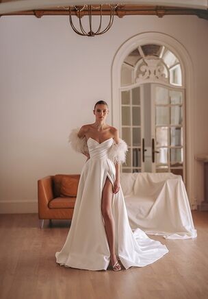 Etta — V-neck wrapped corset-based gown with split skirt and detachable feather bolero.
