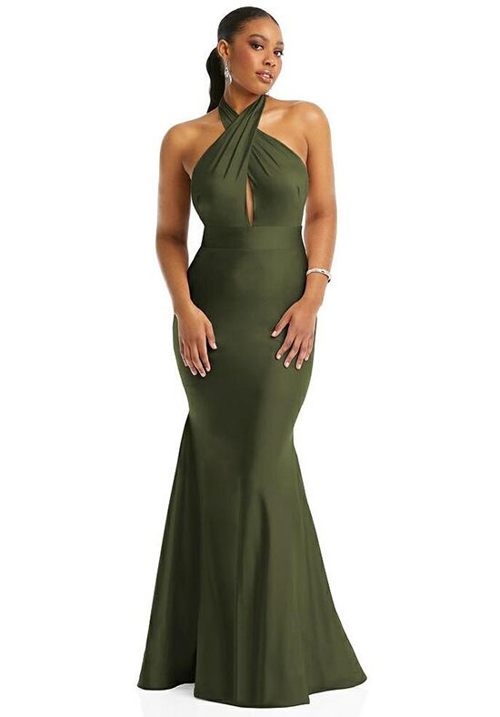 Open-Back High-Neck Halter Trumpet Gown