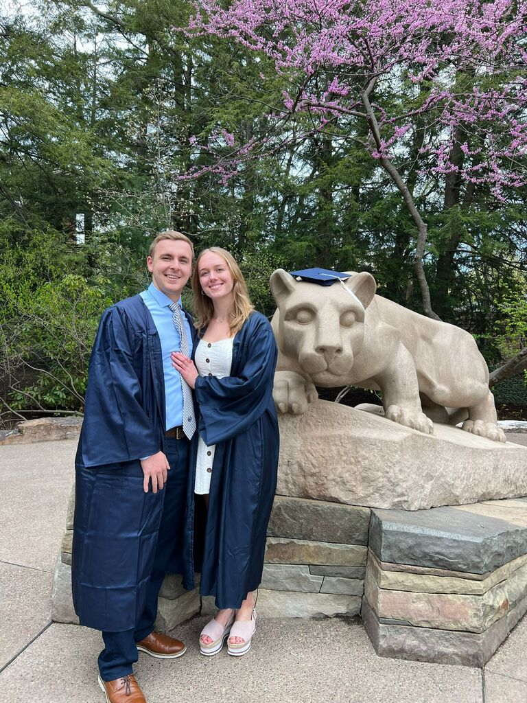 After four years, they graduate from college together.