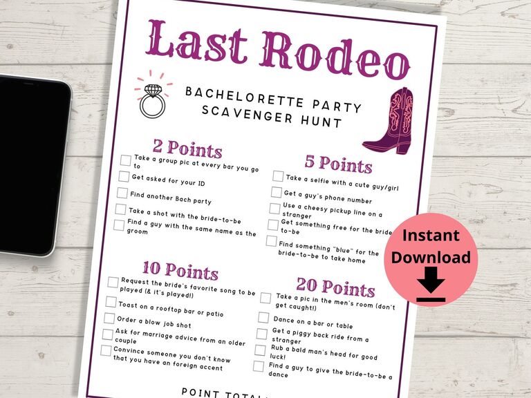 Last Rodeo Bachelorette Party Scavenger Hunt Game