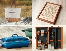 Four 9-year anniversary gift ideas: personalized picnic basket, framed sheet music, travel bar cart, Le Creuset casserole dish