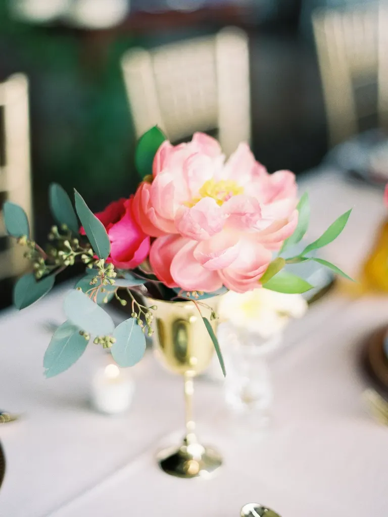 Vibrant Pink Peony and Eucalyptus Centerpieces in Gold Bud Vases