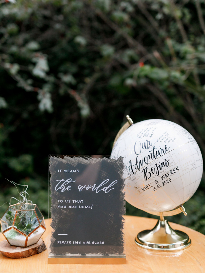 Painted globe guest book and acrylic sign