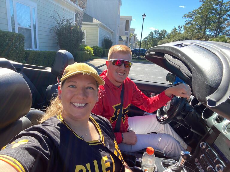 We had a flight cancelation and then a 4 hour drive to Myrtle Beach in the start of a hurricane. On the brightside, our rental was a blue convertible Mustang (and the sun was out in full force the next day).