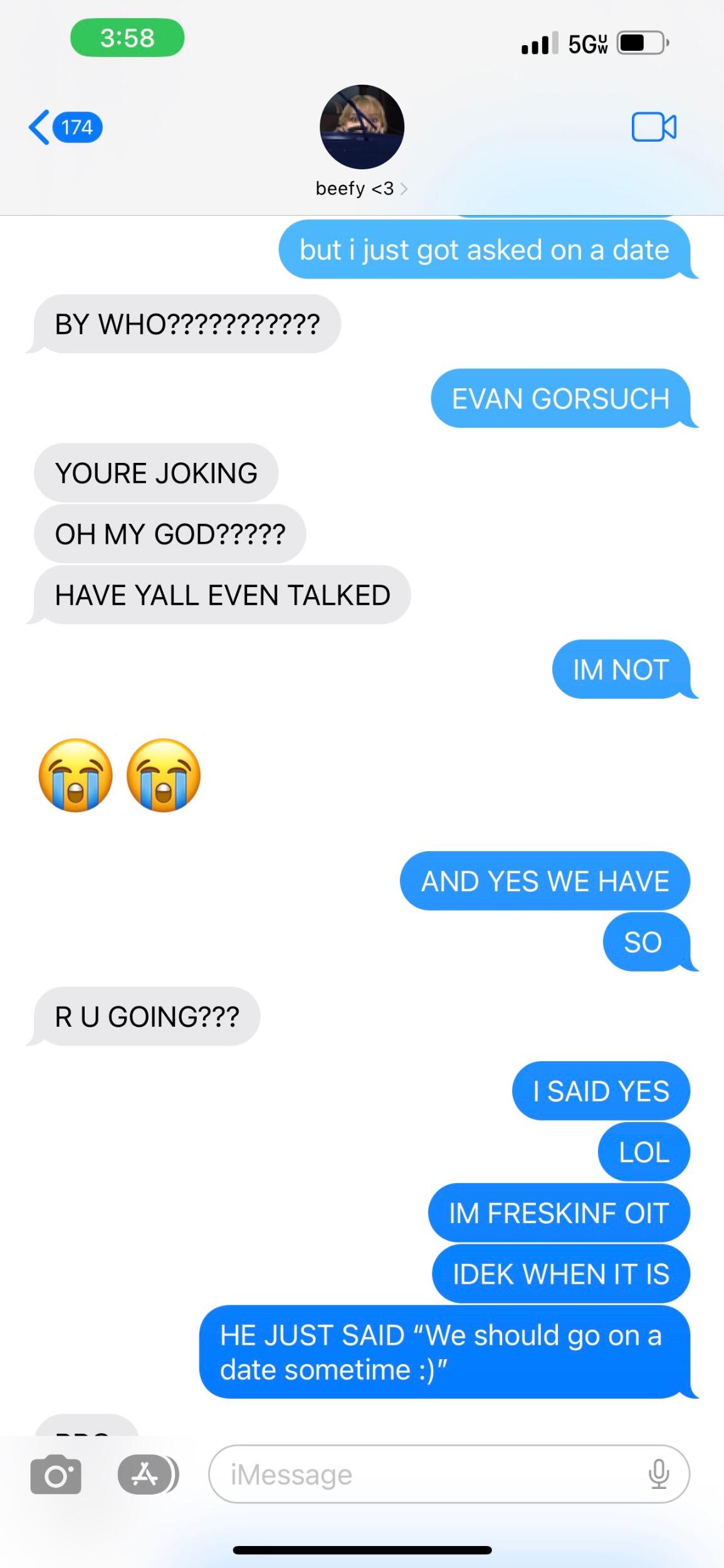 Crystal randomly received a text from Evan. He asked, "Can I throw you a curveball?" After some back and forth conversation, Evan asked Crystal on a date. Crystal tried to remain calm, but couldn't control herself. She immediately texted her best friend, Emma Seiple, while running through the house. She had been waiting for this moment for almost two years.