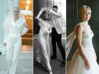 Collage of three celebrities wearing wedding dresses designed by Danielle Frankel. 