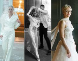 Collage of three celebrities wearing wedding dresses designed by Danielle Frankel. 