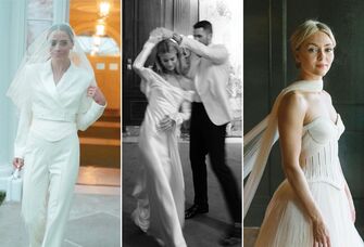 Collage of three celebrities wearing wedding dresses designed by Danielle Frankel. 