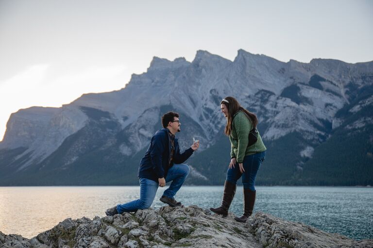 Josh proposed during the sunrise at Lake Minnewanka in Banff, Canada!