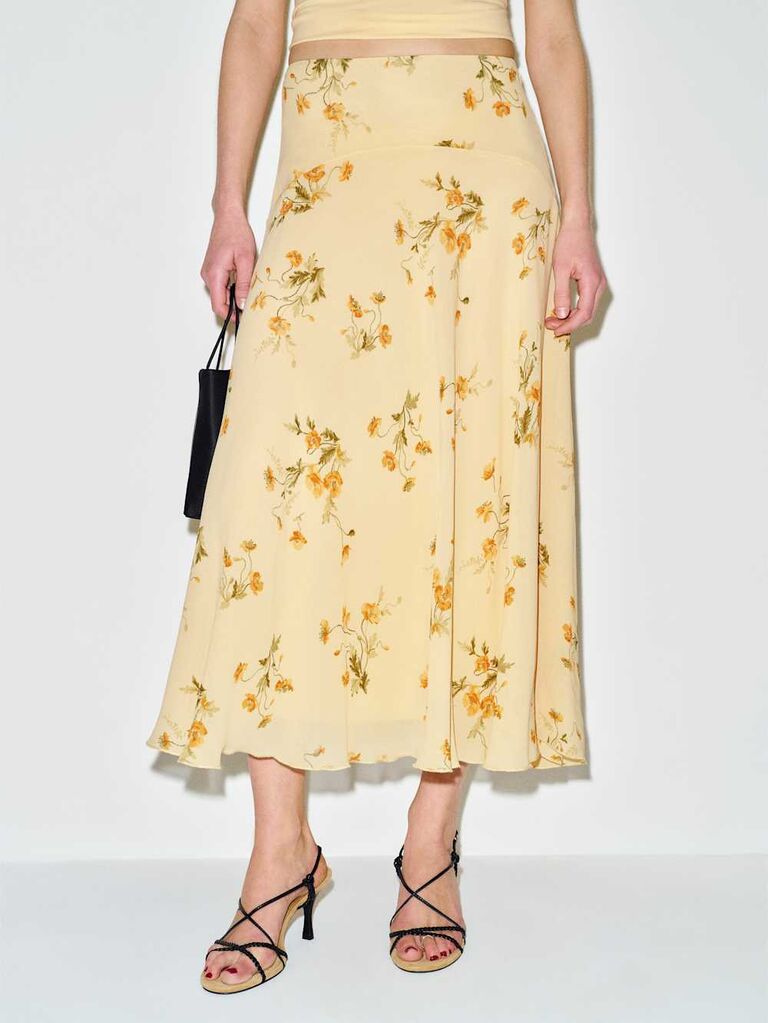 Reformation floral yellow midi skirt