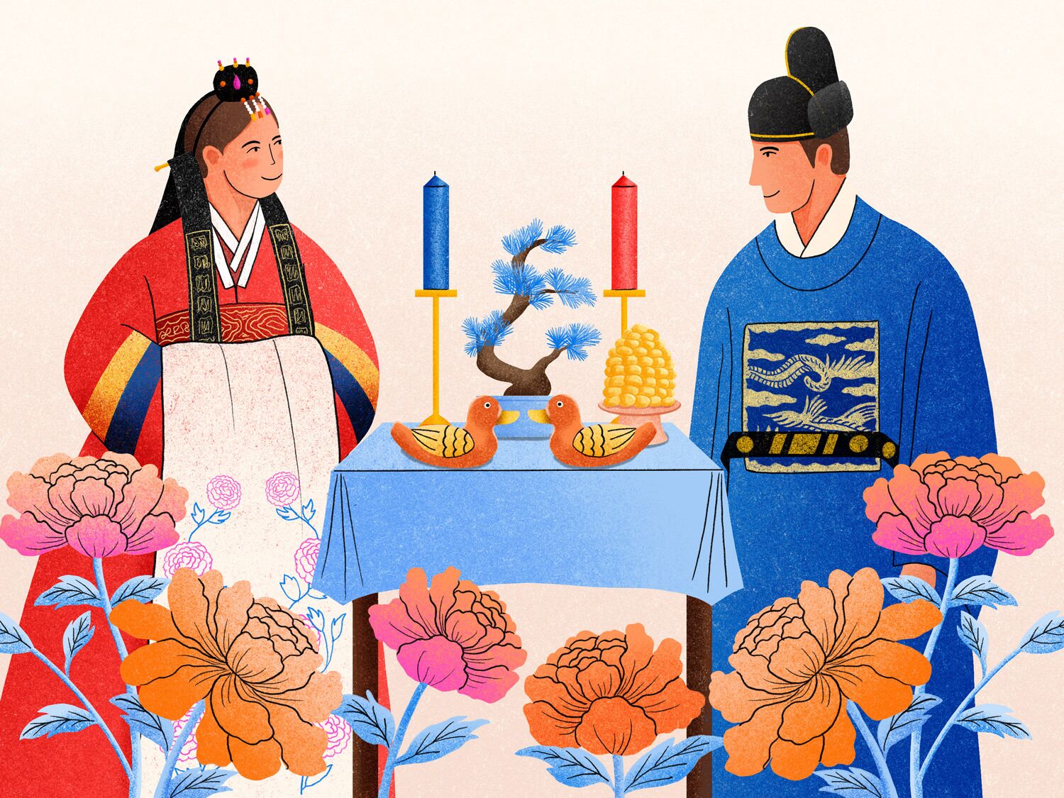 Illustration of couple wearing hanboks