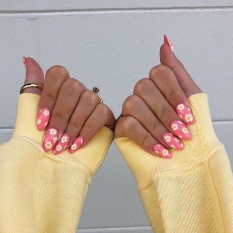 pink with yellow daisies wedding nails