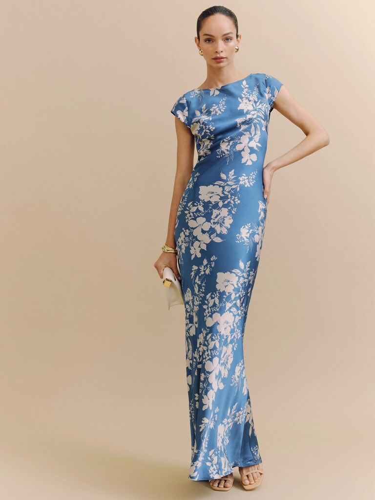 Short sleeve blue floral Reformation gown for black-tie wedding