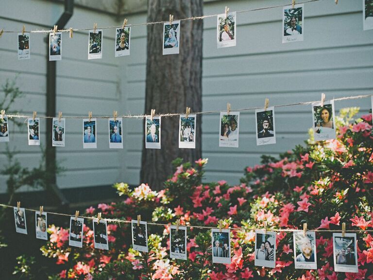 Polaroid photos of guests hanging at outdoor wedding reception