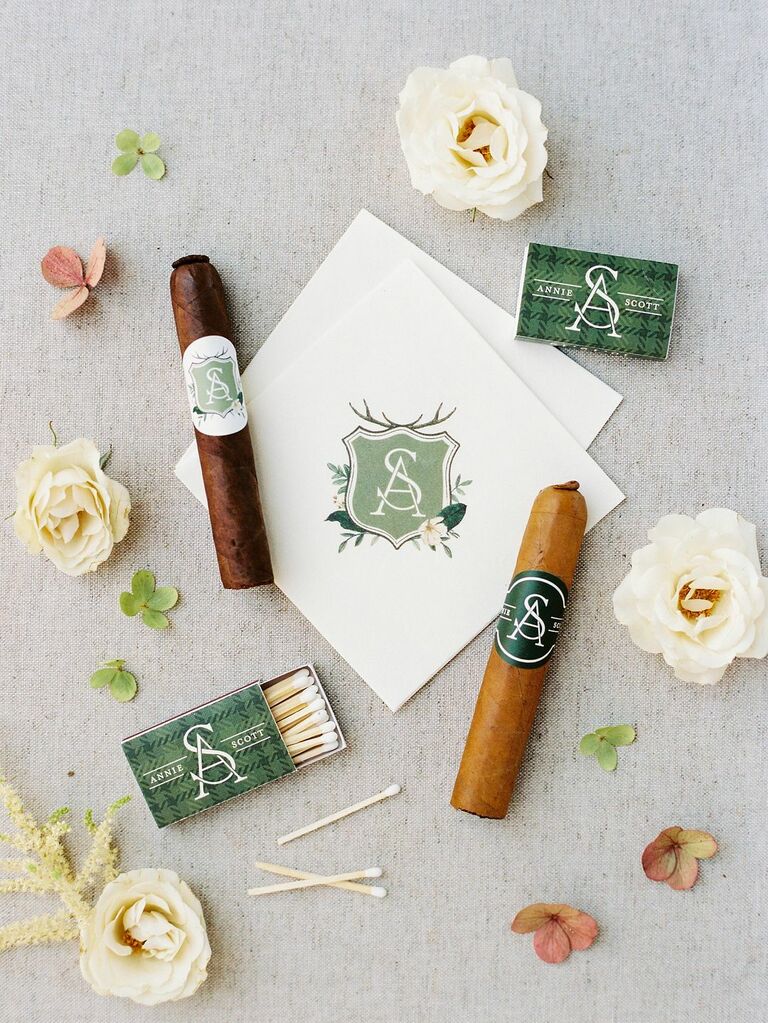 Custom monogram on cocktail napkins, cigars and matchboxes