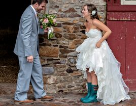 Rain boots wedding day first look