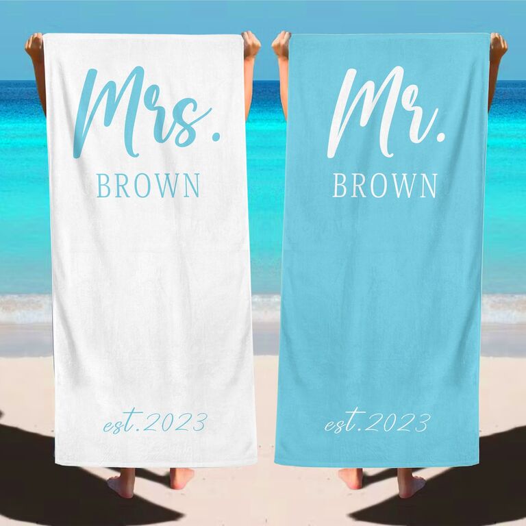 Mrs. or Mr. personalized beach towels matching couple gift