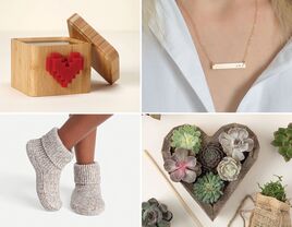 Four anniversary gifts for girlfriends: spinning heart messenger, custom initials necklace, heart-shaped planter, sherpa-lined slippers