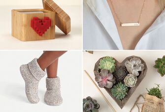 Four anniversary gifts for girlfriends: spinning heart messenger, custom initials necklace, heart-shaped planter, sherpa-lined slippers