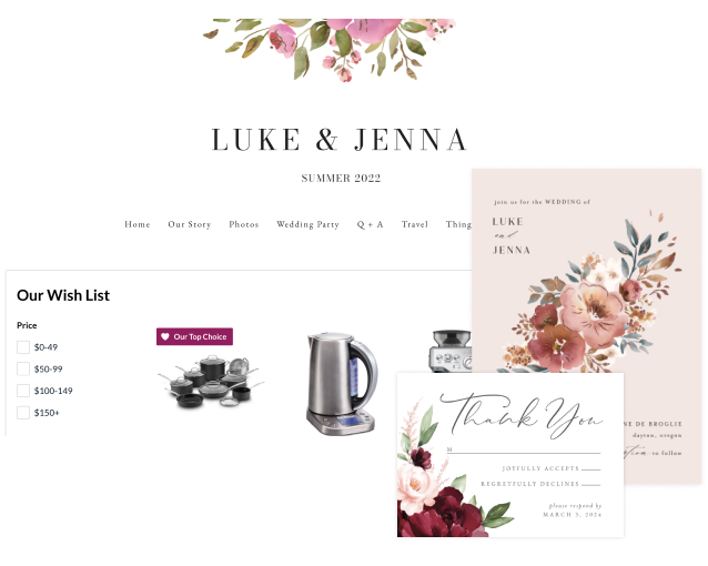 Luke and Jenna’s wedding registry page, wedding invitation and thank you card—all with matching floral designs.