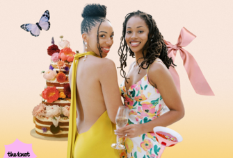 collage of bridal shower trends including flower cocktail, butterfly cake and woven rattan and pearl purse