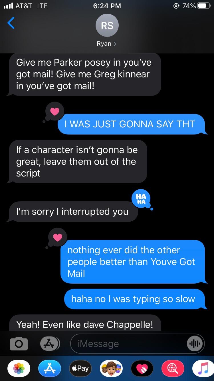 The first time Gabrielle & Ryan talked about You've Got Mail. They were STILL not dating. (Four years later, Ryan would have a quote from the movie inscribed on the inside of Gabrielle's engagement ring.) 
