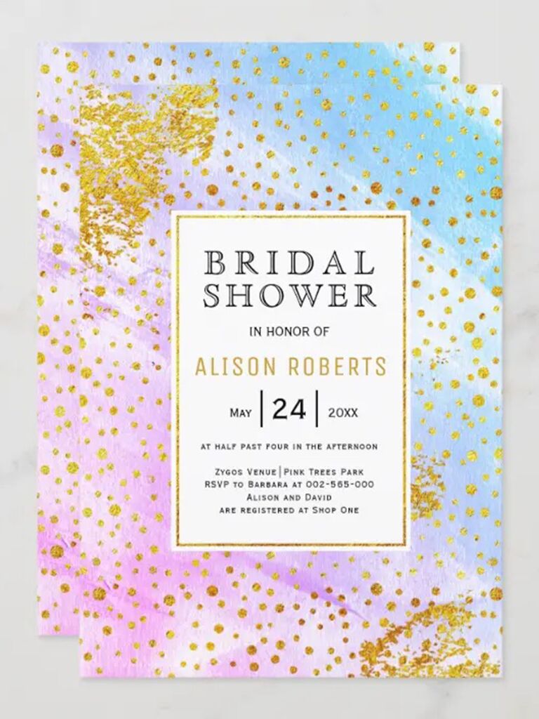 Gold confetti flecks and pink, purple and blue watercolor strokes surrounding box with event details