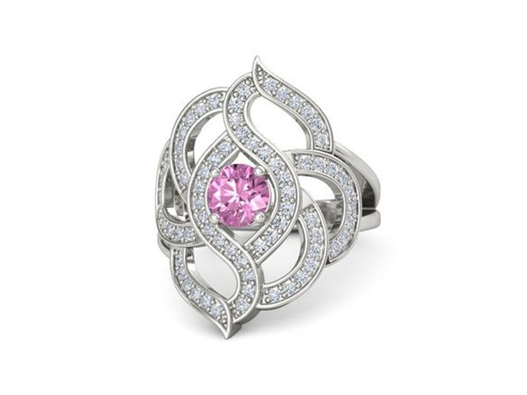gemvara split shank engagement ring with round pink sapphire center stone round diamond moissanite rose detailing and plain white gold band