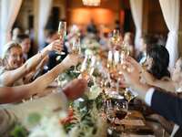 guests toasting with champagne glasses seated at a table