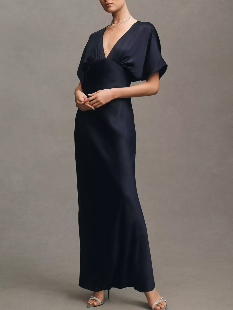 BHLDN navy blue flutter sleeve black tie option gown from Anthropologie