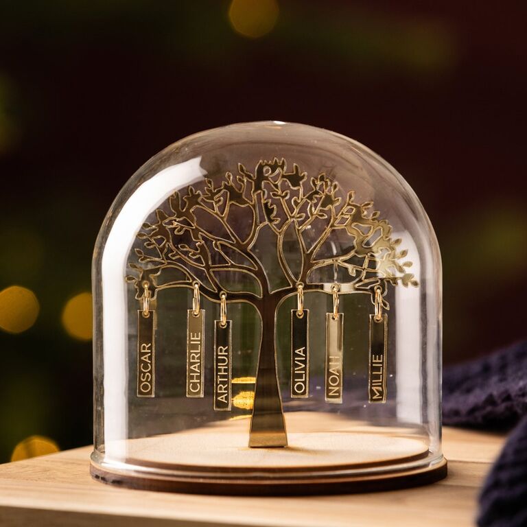 Gold family tree ornament with engraved names