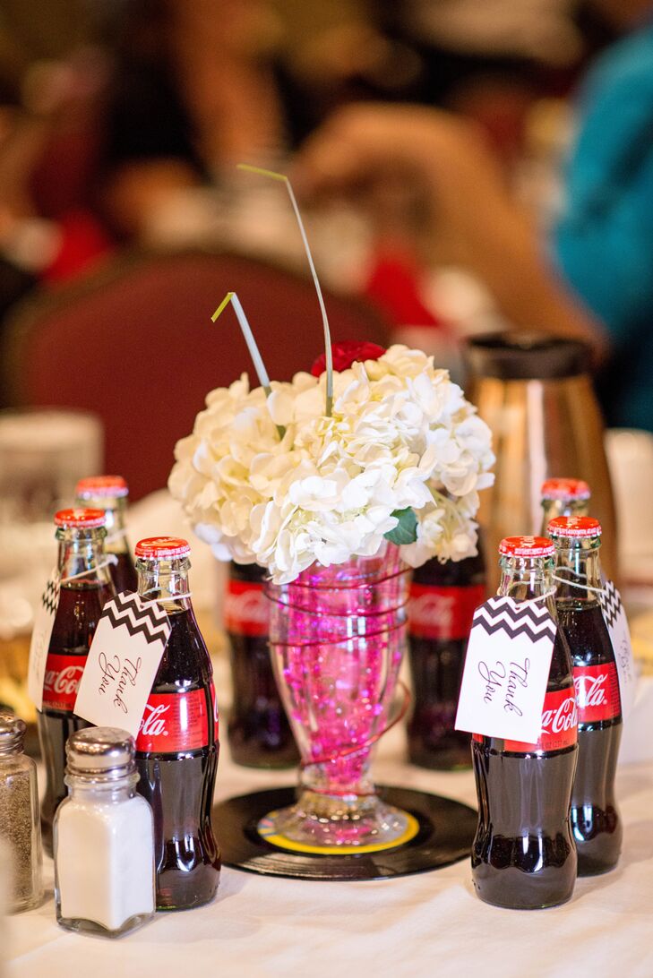 Retro Hydrangea Milkshake Centerpieces with Vinyl Records and Coke ...