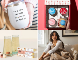 30th birthday gift ideas for wife including tumbler, cupcake subscription, mimosa kit, and plush throw
