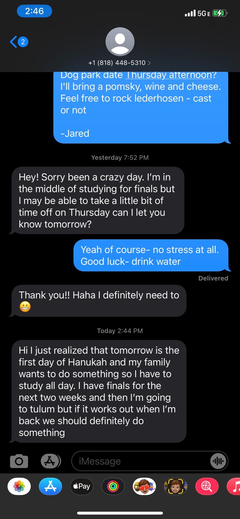 The 1st text. Jared invites Eden to a dog park date using not his dog....shout out Smokey.