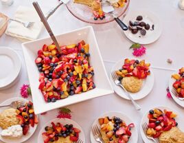 Healthy breakfast buffet spread for a bridal shower. 