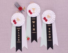 'Place,' 'Win' and 'Show' in gold type on black ribbon, framed by pastel ribbons and white top