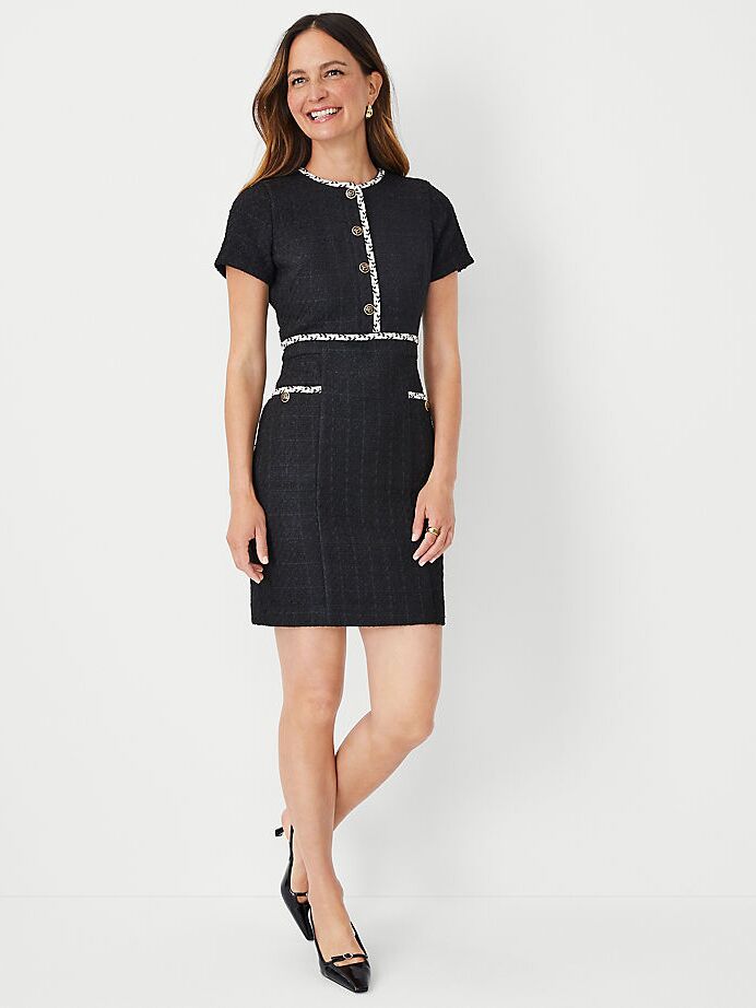 A tweed sheath dress with a button-down front and pockets from Ann Taylor