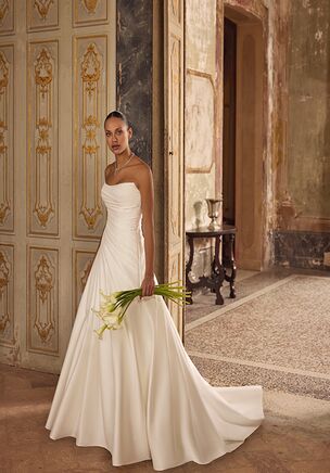 Stretch Mikado A-Line Gown with Pleated Details on Bodice and Skirt