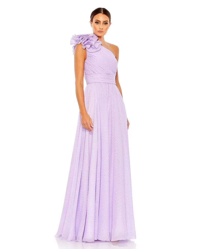 floor length lilac dress with ruffle one shoulder