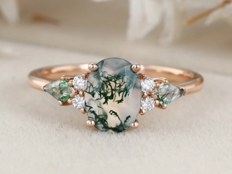 Unique Bridal Ring Set Oval Cut Moss Agate Engagement Ring Set Vintage  Moissanite Ring Set White Gold Women Cluster Marquise Ring Jewelry 