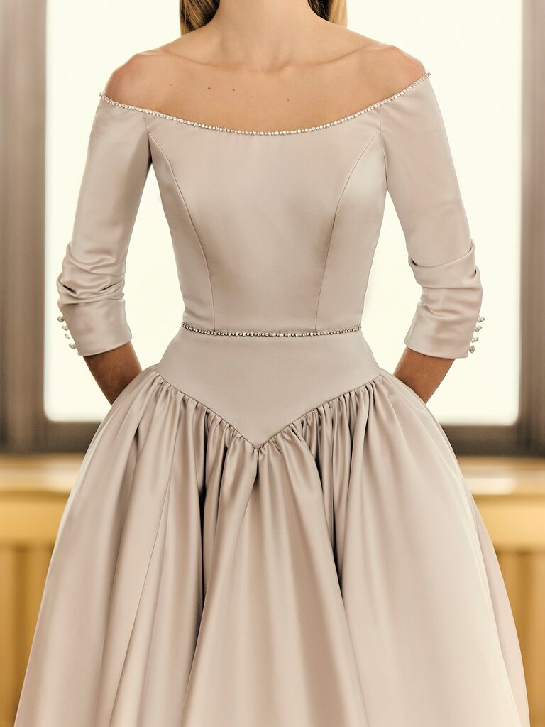 Mark Ingram off-the-shoulder silver dress with crystal hemming