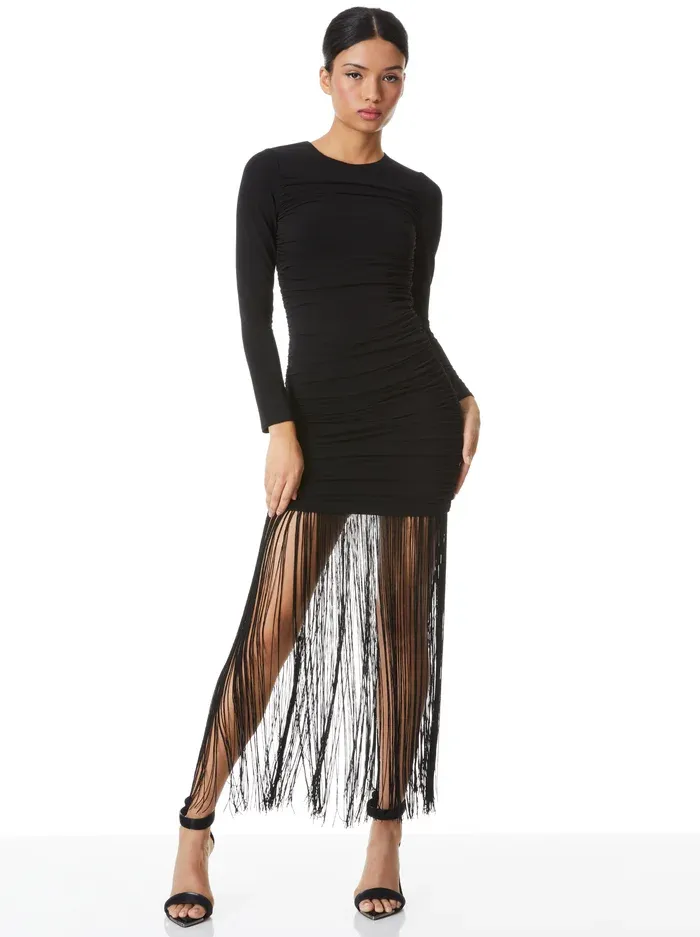 Long sleeve fitted dress with fringe at hem