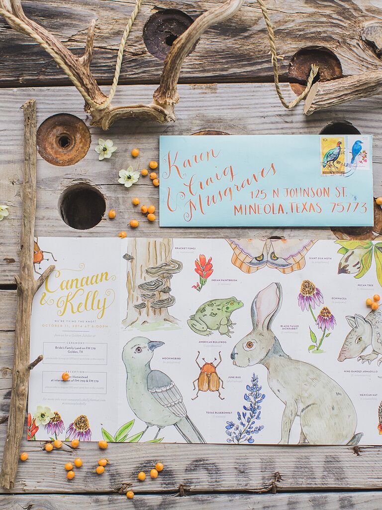 Whimsical wildlife illustrations on a rustic wedding invitation suite