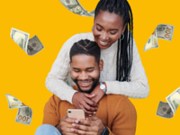Couple using budgeting app to track finances together
