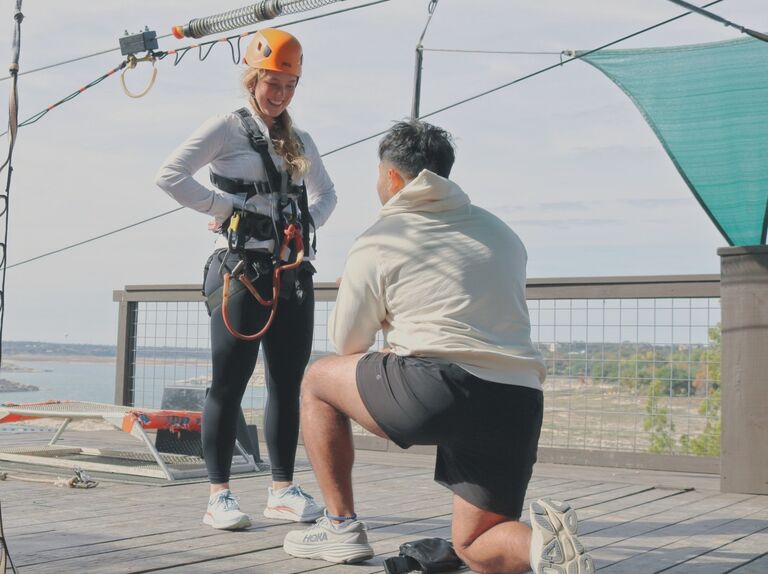 Almost two and a half years later, Anthony proposed to Madeleine while zip lining. When Madeleine landed there she saw Anthony down on one knee!